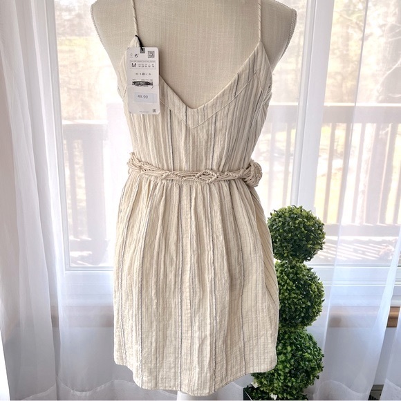 Zara Belted Striped Dress Beige Size Medium NWT - Picture 9 of 16